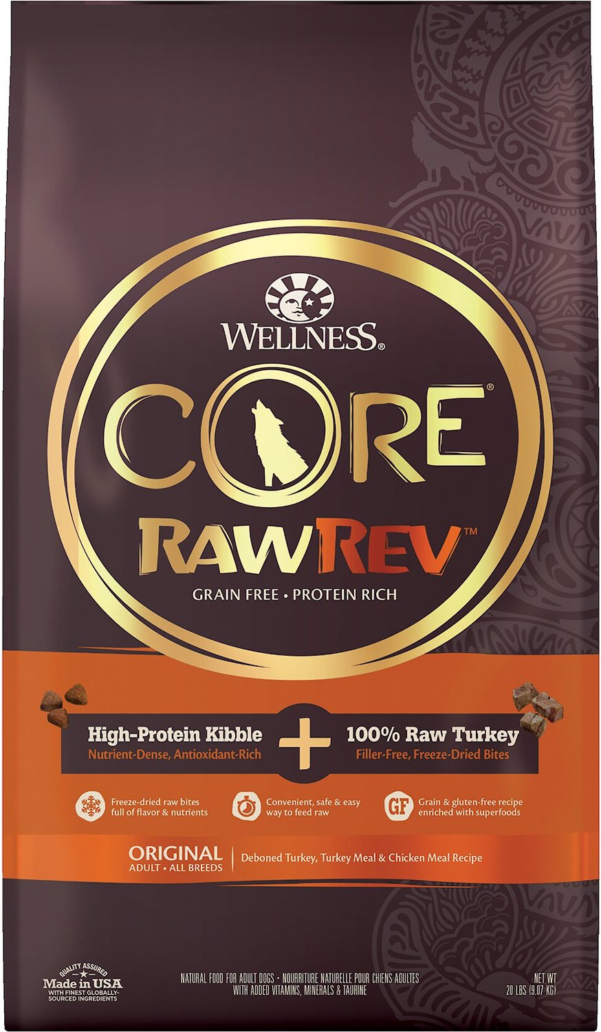 Wellness CORE RawRev Receta original sin granos con alimento seco para perros de pavo liofilizado