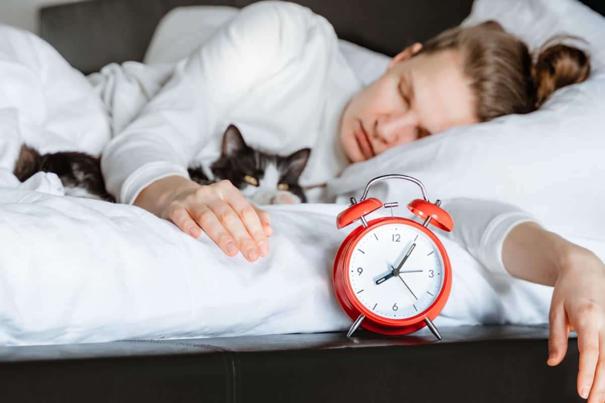 Mujer durmiendo mientras el gato ya está despierto en una acogedora cama blanca con despertador a un lado