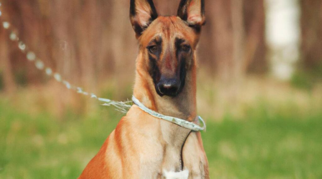 Malinois belga de caoba sentado con correa afuera