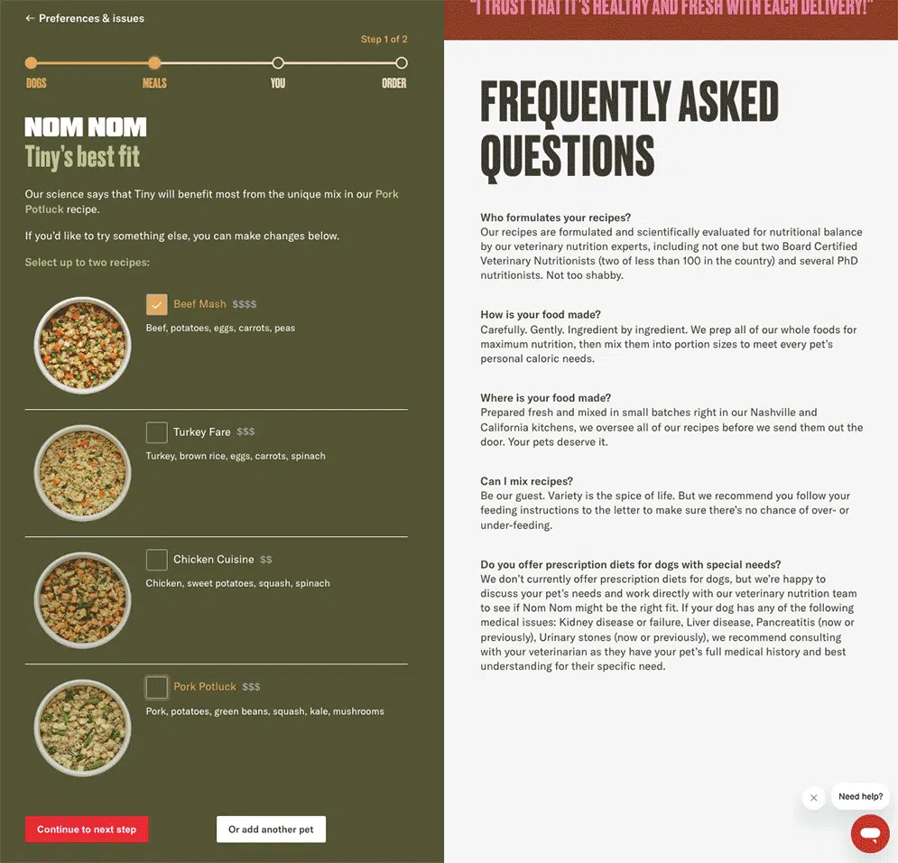 Pregunta sobre el proceso de pedido de comida para perros Nom Nom sobre qué receta elegir