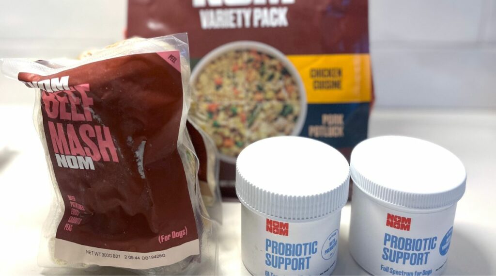 Receta de puré de carne Nom Nom, paquete variado y soporte probiótico
