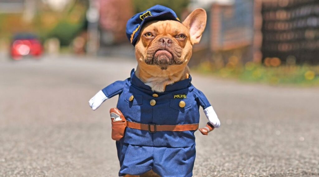 Perro Bulldog Francés con divertido disfraz de uniforme de policía