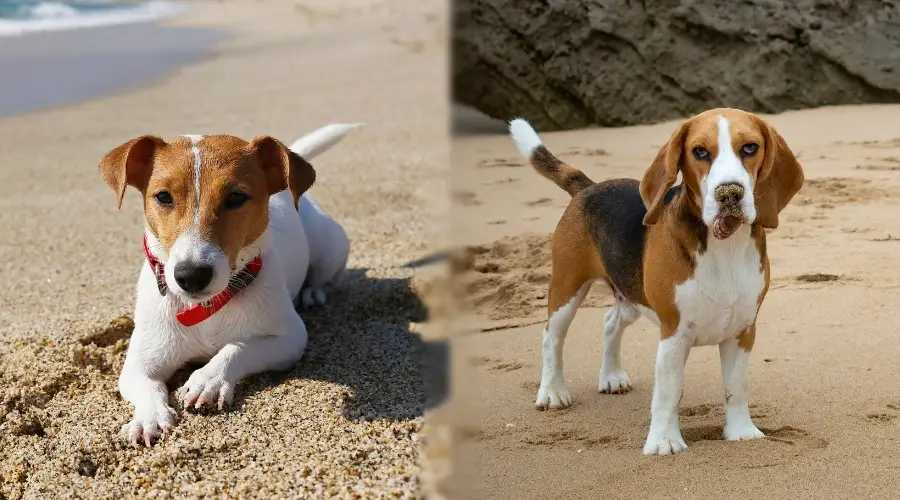 Dos perros al sol en la playa.