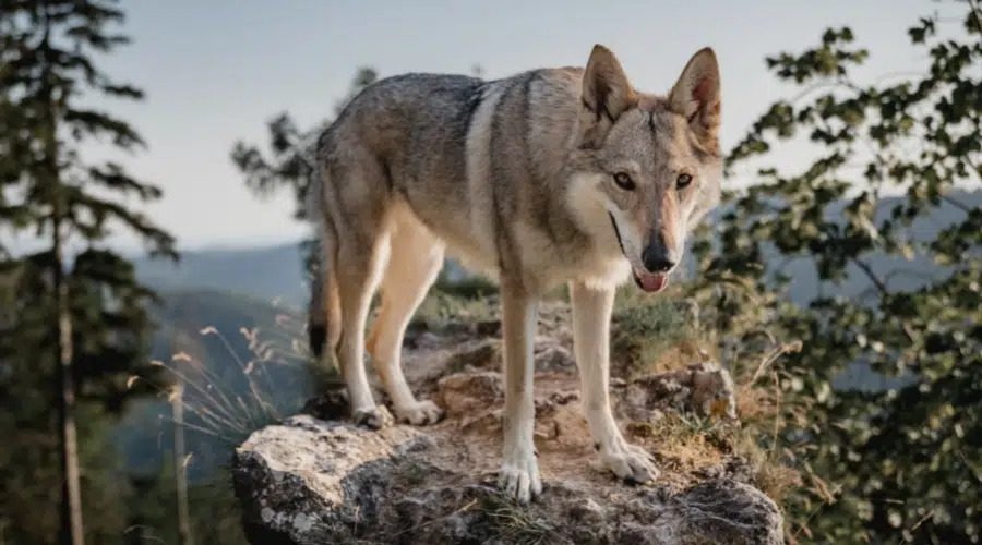 Canino gris parado sobre una roca